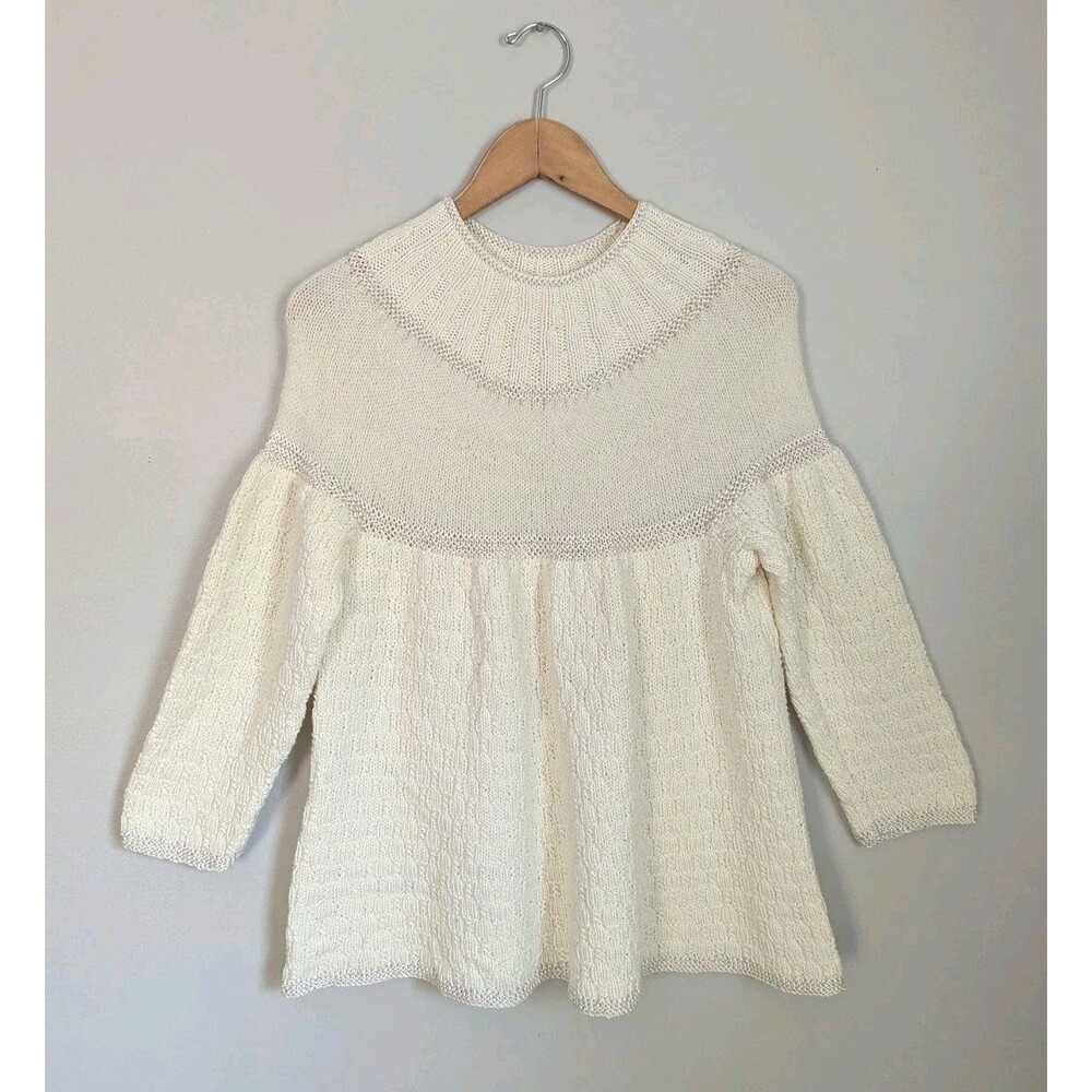 Gorgeous Handknit Sweater Fuzzy Angora Ivory Cotton Mock neck M L 3/4 Sleeve
